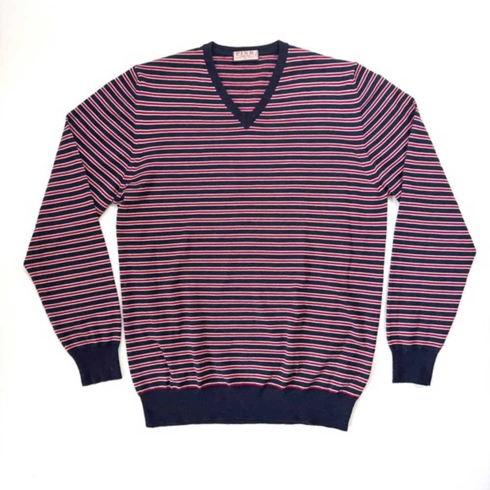 Thomas Pink V-Neck Sweater Mens Navy Red Striped 100% Merino Wool Italy‎ Size M